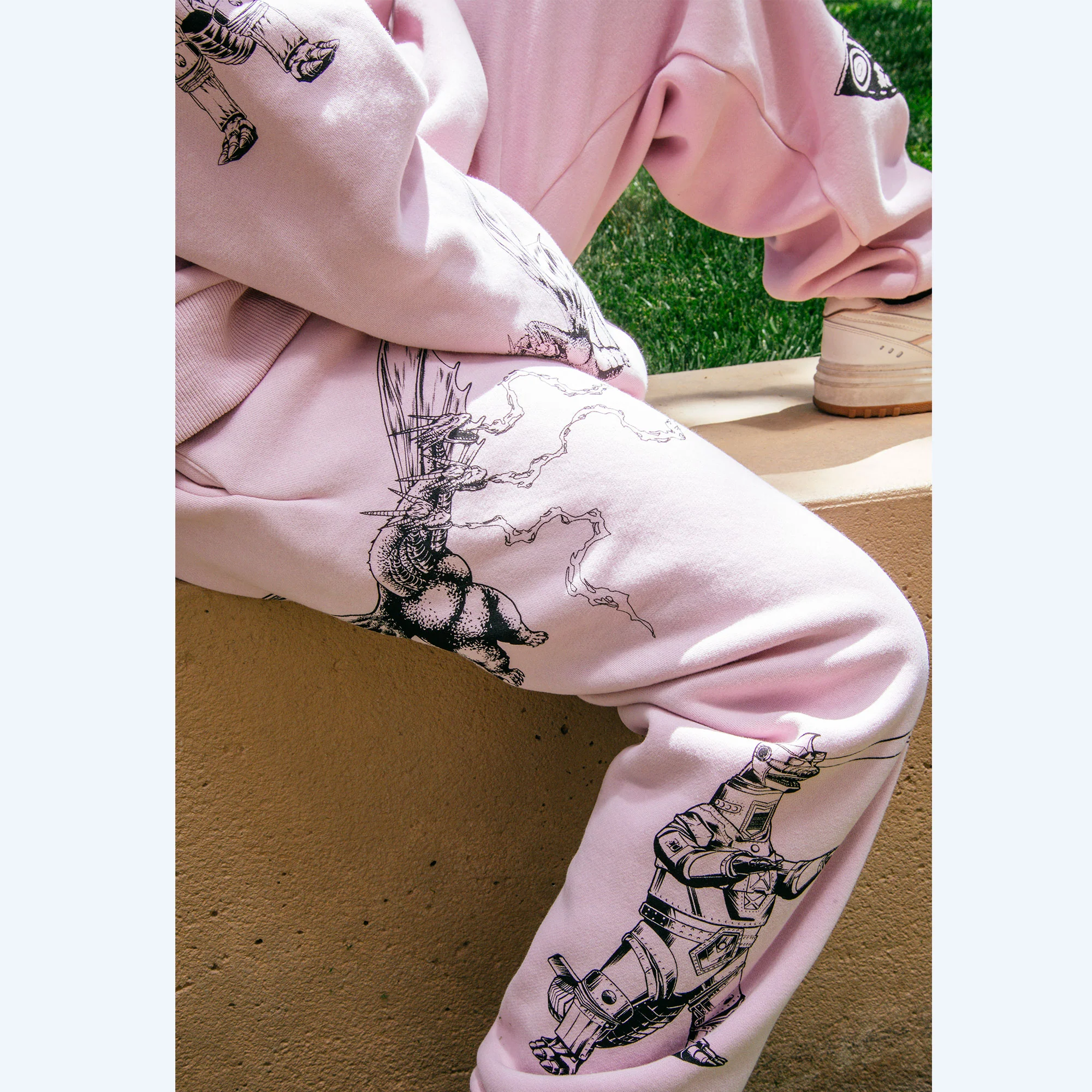 Godzilla Kaiju Print Sweatpants - Light Pink - Image 5