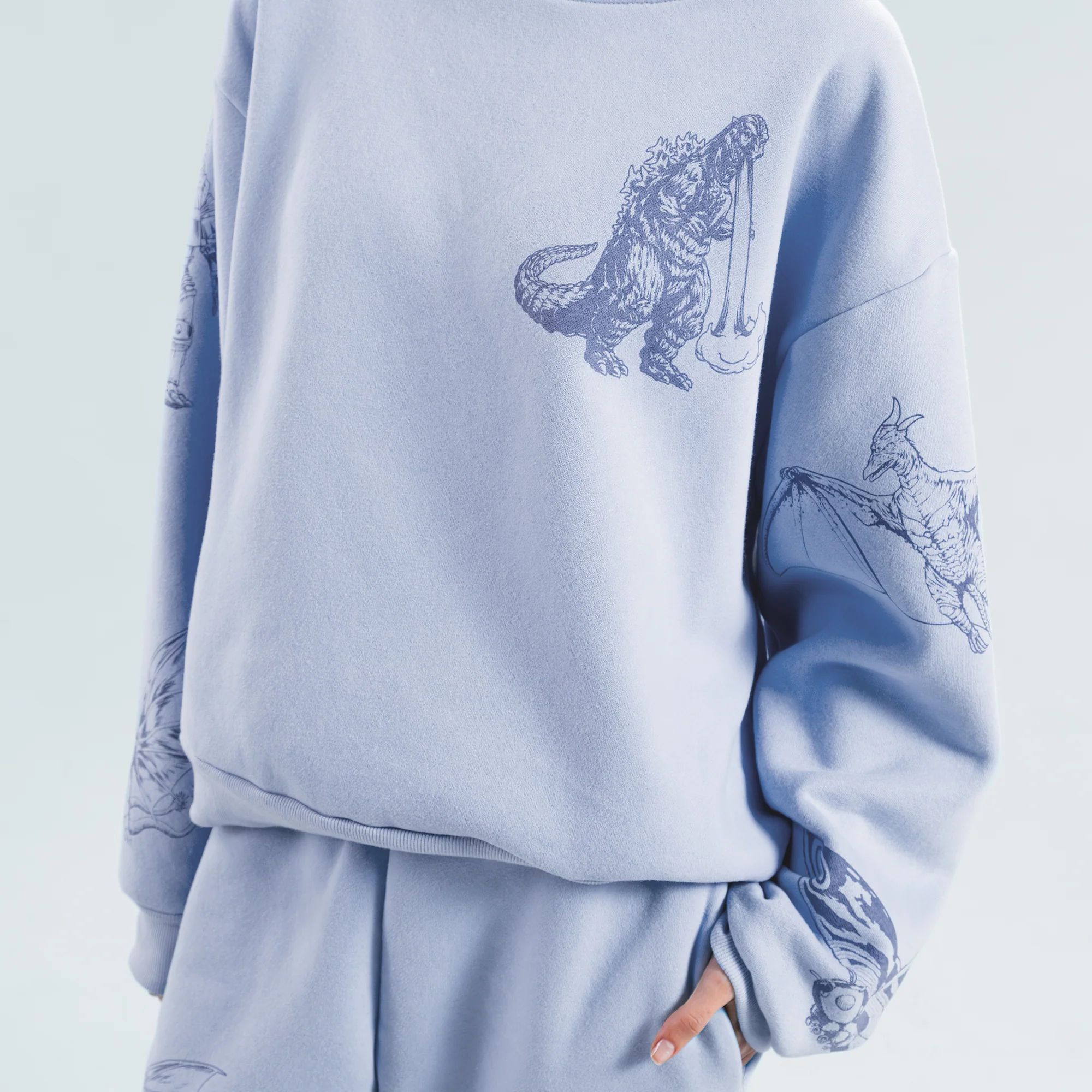 Godzilla Kaiju Print Cropped Sweatshirt - Blue - Image 7